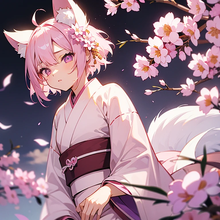 masterpiece, best quality, 1girl. Anime. light Pink hair, white eyes, slit pupils, kitsune, bored look, short hair, kimono, pink kimono, white kimono, pink flowers, purple flowers, fluffy tails, fluffy ears