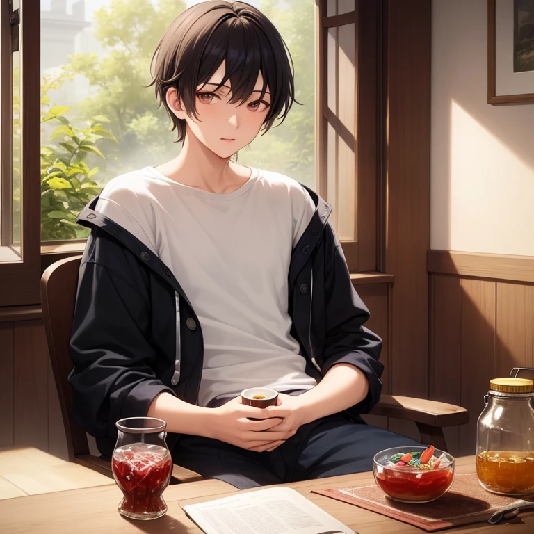 Masterpiece, Best Quality, random guy, 20yo, filling sick, sitting on chair, (holding in hand cup of tea:1.1), table, table in front of him, jam jar on table, pills on the table