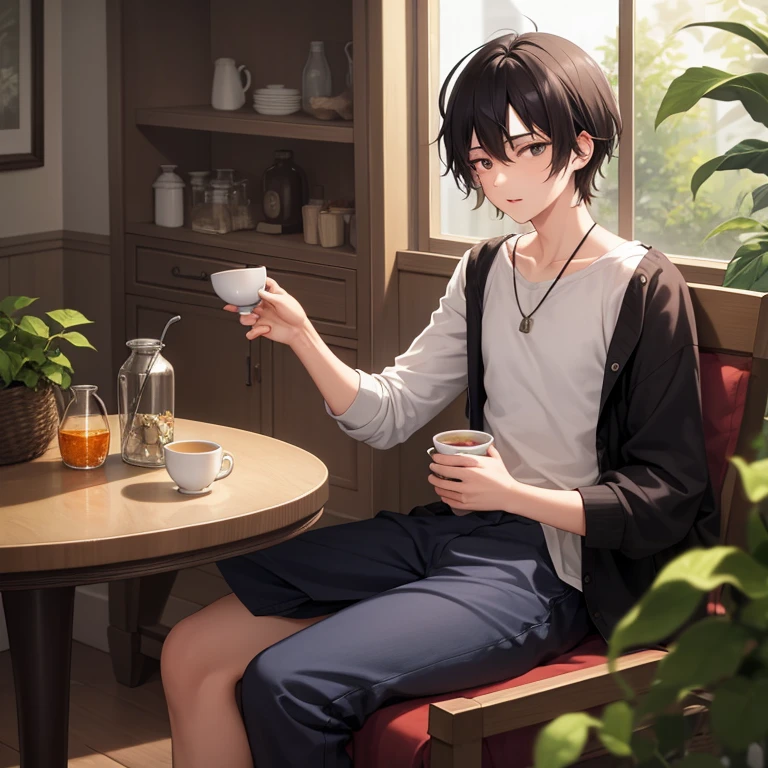 Masterpiece, Best Quality, random guy, 20yo, filling sick, sitting on chair, (holding in hand cup of tea:1.1), table, table in front of him, jam jar on table, pills on the table