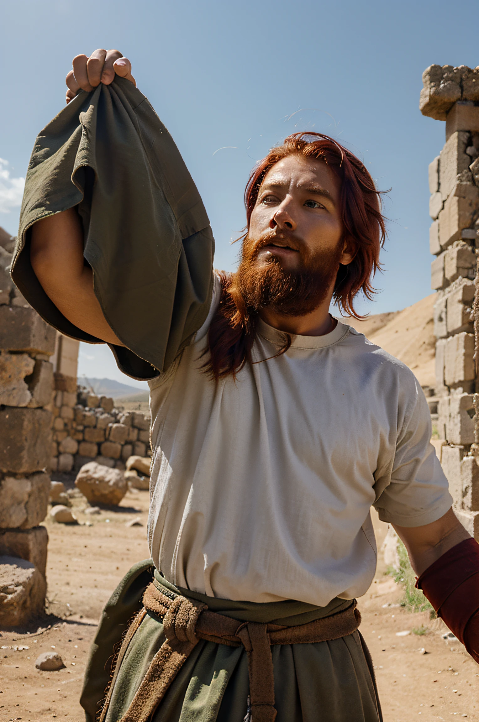 Now dress this red-haired Israelite in the clothes of a shepherd throwing a stone with all his might