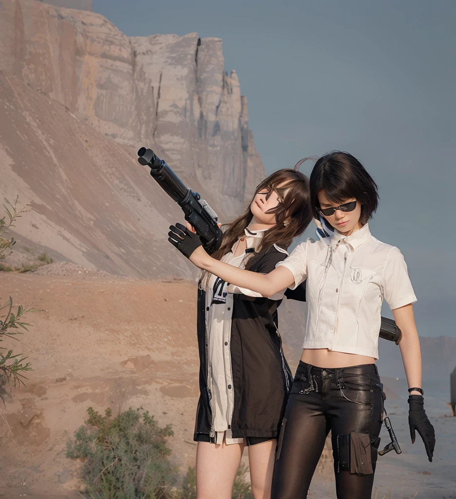 2 girl The front one is facing down with an expression of disapproval, the back one is slightly straightened as if he wants to shoot something, outdoor,night,aurora,realistic, ultra hd,ultra detail