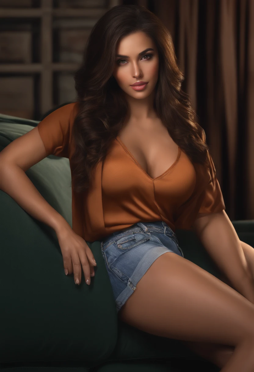 Photorealistic brunette, beautiful young woman , showing butt on the sofa , sexy panties , meticulously detailed , brown eyes, ultra realistic , natural makeup, looking at Camera , living room , dark skinned , big breasts , big Butt , thin waist, erotic, bending over, t shirt , butt showing, youthful look , realism