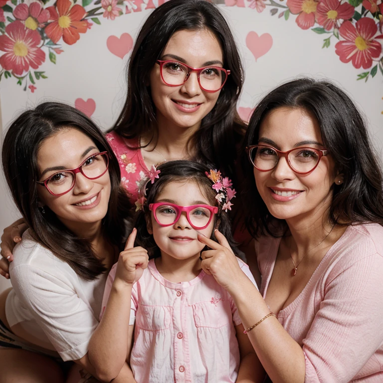 create an image of a (((mom))), 50 years old, smiling face, black hair, vibrant look, with glasses, in the background red hearts and pink flowers.
