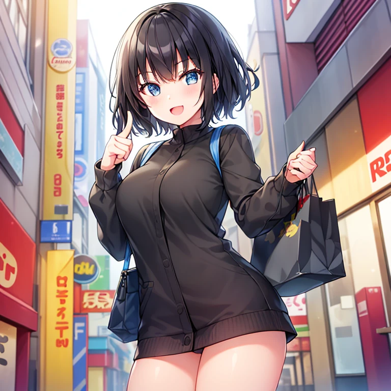 A slender black-haired short-haired girl in a shopping district, giving a thumbs up and winking, showing her teeth.、Japan anime style