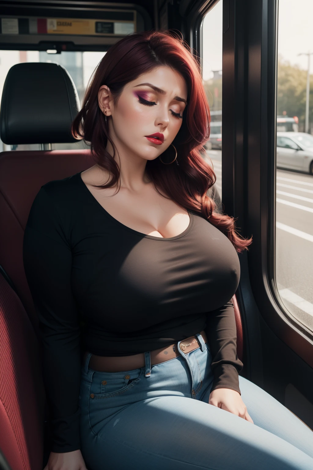 Lucy Pinder, portrait, Maroon hair, red lips, Face portrait, fat woman, chubby, Hair tied with a clip, short hair, long sleeve t-shirt, black t-shirt, Super cleavage, jeans, Sitting asleep on the bus, closed eyes closed, ((mouth wide open)), ((VERY INTENSE MAKEUP))
