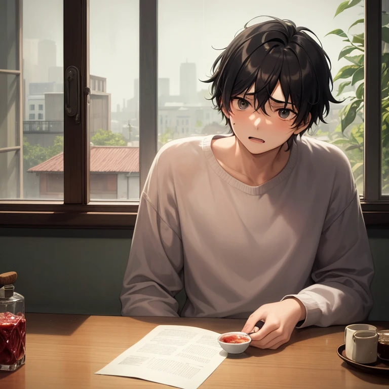 (best quality, masterpiece:1.2), random guy, 20 years old, perfect face, the face of despair, sick, sitting on a chair, holding a cup of tea, table, table in front of him, jar of jam on the table, (pills on the table:1.1), rain outside the window