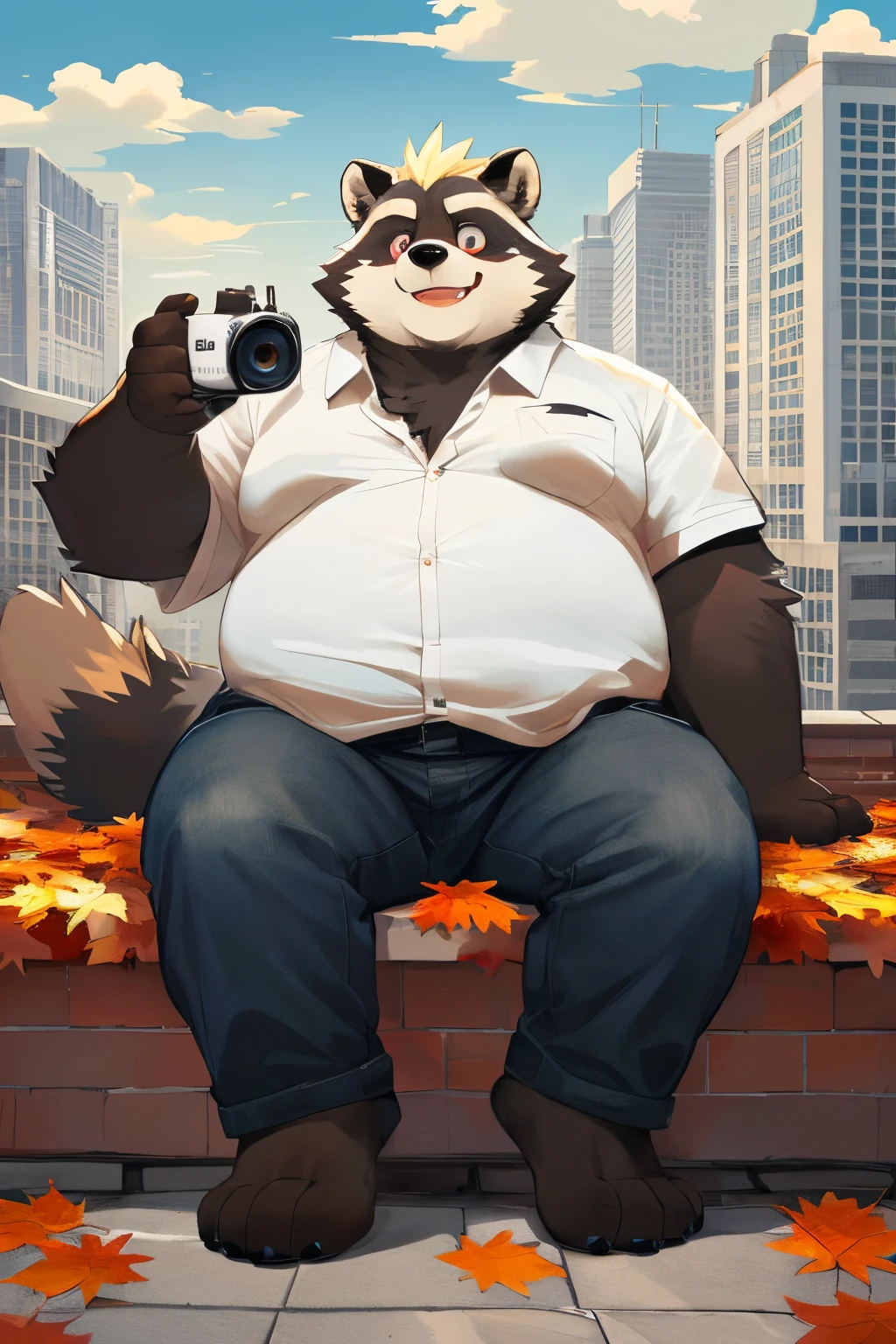 Artist (by k0bit0wani, by bogexboog,by zixiong,by milkytiger1145,by takemoto arashi). Species (raccoon). General ( NSFW, barazuko, overweight male, obese male, (obese=1.6), fat, extreme fat, (overweight=1.6), chubby male, fat hands, fat legs, fat muzzles, fat faces, chubby, 5 fingers, furry tail, beautiful furs, black slim jeans, white small shirt, the shirt is too small and unbuttoned , black t-shirt, insane detailed big eyes, cute eyes, animated eye, beautiful eye, multicoloured body, grey fur, blonde bob haircut sweet smile, very cute, huge moobs, looking camera ). Background ( cozy theme, rooftop, sitting on rooftop, city background, autumn season, orange colors, sunshine ). Meta ( masterpiece, animated, epic setting, insane details, detail background, masterpiece)