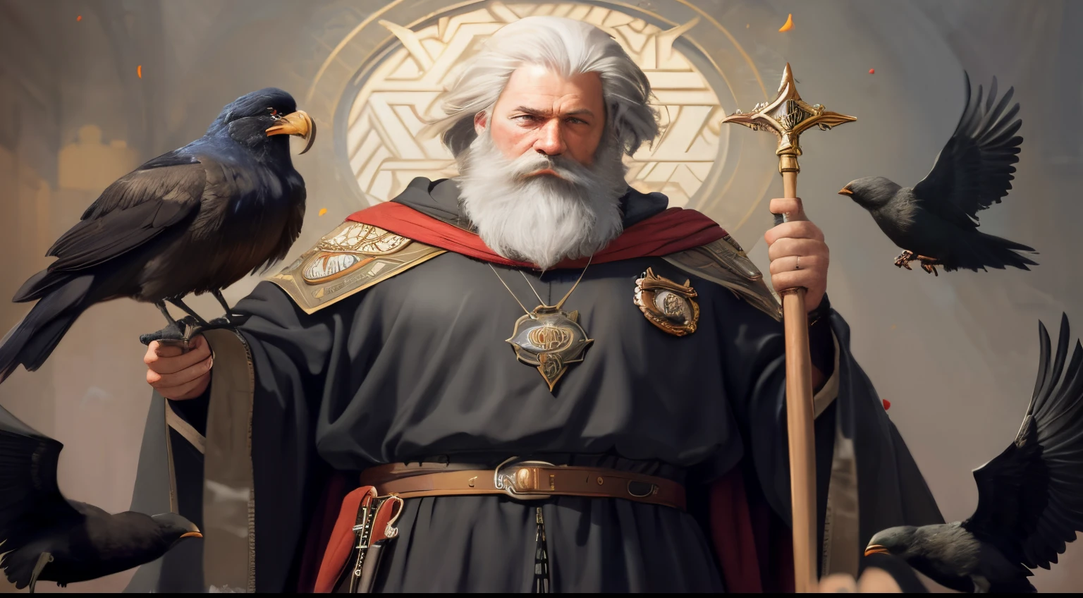 there is a man with a beard and a long beard holding a staff and two birds, Wojtek FUS, Tuomas Korpi e Wlop, picture of a male cleric, inspirado em Johannes Helgeson, Velho Archmage masculino, Retrato pintado de Odin acidentado, Directed by: Tadeusz Pruszkówski, Directed by: Mikhail Evstafiev