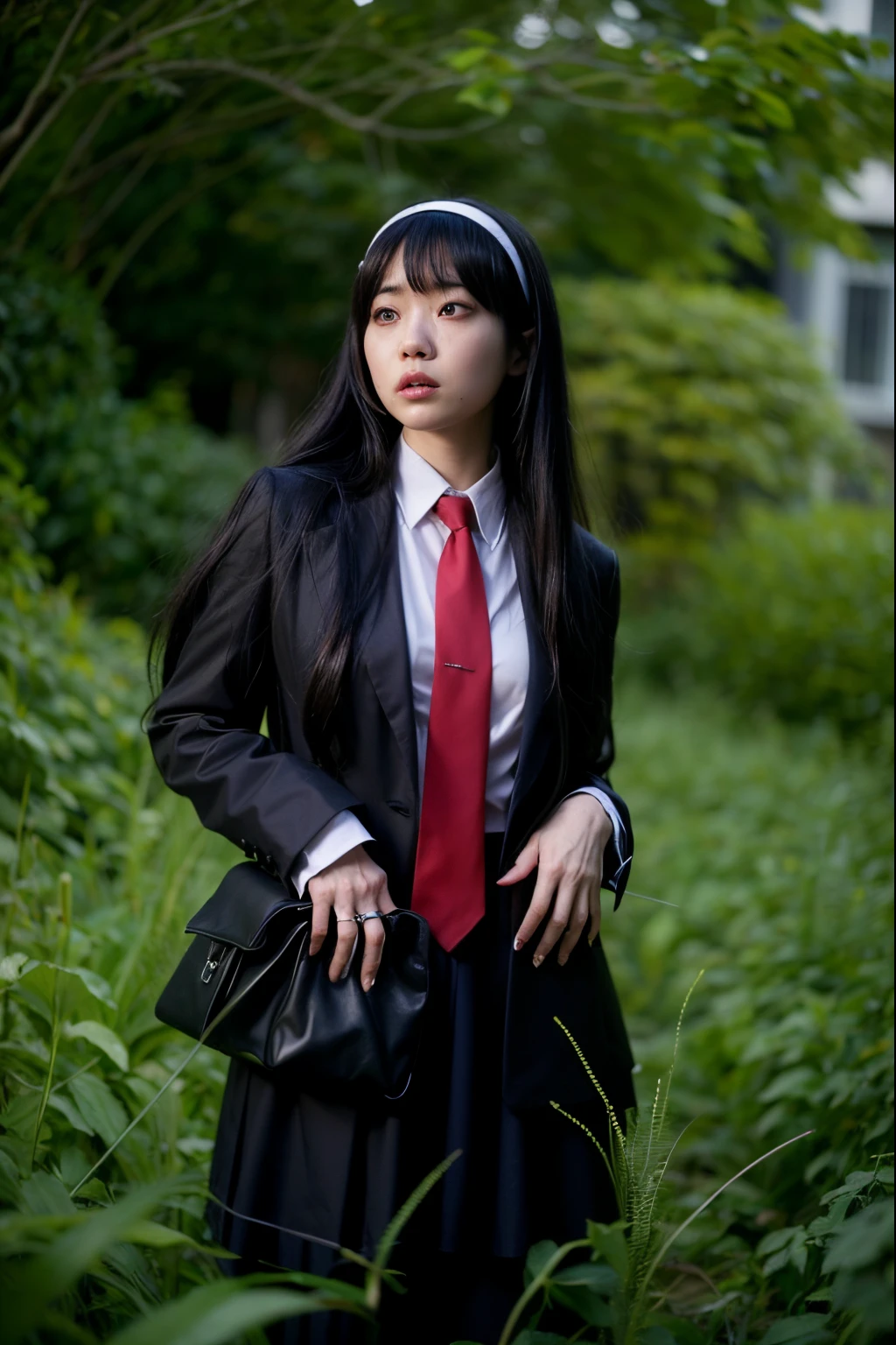 (Best quality, 8k, 32k, Masterpiece, UHD:1.2) "Generate a nightmarish and haunting art piece inspired by Junji Ito's 'Tomie,' featuring the horror character with all of her hair flowing upward in a supernatural and unsettling manner. Depict her with a terrifying, zombie-like face and bloodstains on her school uniform, creating a chilling atmosphere. Utilize dynamic lighting to intensify the horror, casting eerie shadows and highlights that enhance the macabre details of the scene. Emphasize the grotesque and nightmarish elements to capture the terrifying essence of Junji Ito's horror aesthetic." Evil, Monstrous, other-wordily, skeleton