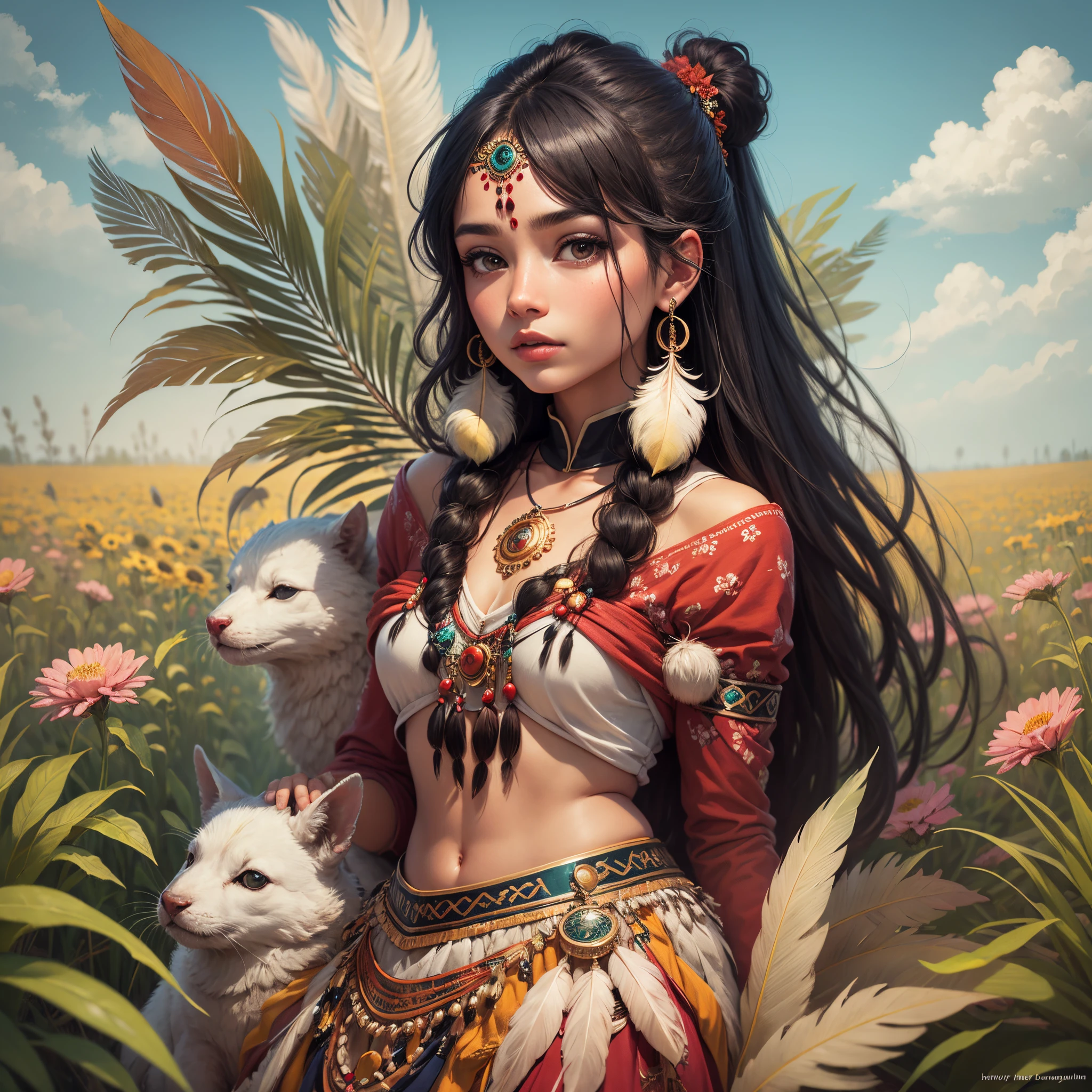 Sacagwawega, 22 years old, feather in hair, flowers, Beautiful indian mayden in a field of Poppoies --auto --s2