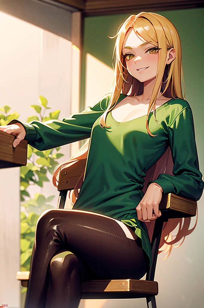 1girl, solo, 16 years old, loose blond hair, wearing red leggings and green sweather, sitting on a chair in classroom, crossing legs, smiling embarassed, side view, bare forehead, hooked nose, puffy cheeks, small breast, alluring, flirty, confident, scornful look, malicious smirk, detailed face, detailed yellow eyes, detailed irises, thick fleshy lips, medieval, high res, best quality, ultrasharp, 8K, cinematic, green wall behind
