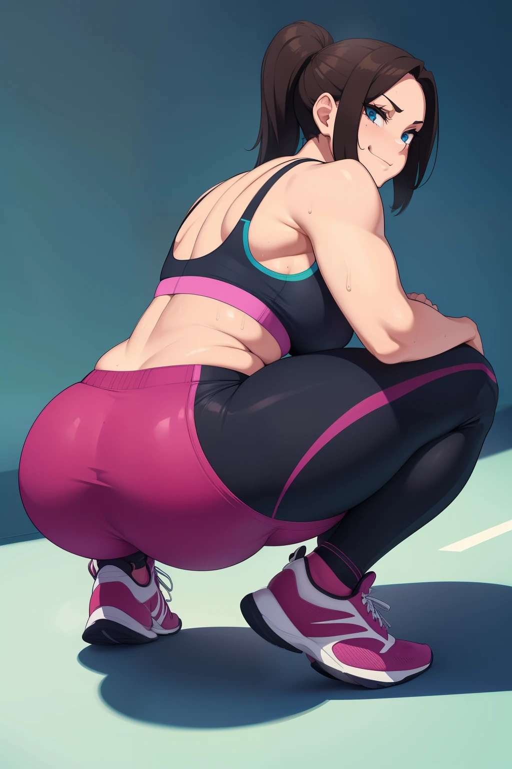 Woman in a sport outfit, sport bra, shorts, sweaty clothes, sweaty, curvy, busty, smirk, evil, thick thighs, sitting down, front view, presenting hindquarters, hand on crotch, looking at viewer