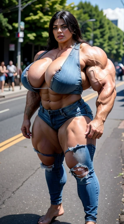 A HD 4K Photo of a beautiful, huge, enormous, buff, giant, Persian, Female bodybuilder, muscle goddess, huge arms and huge legs, giant boobs, enormous muscles, big beautiful eyes, long hair, stood barefoot in the street at a veterans parade, wearing a ripped denim jacket and ripped denim shorts, photorealistic