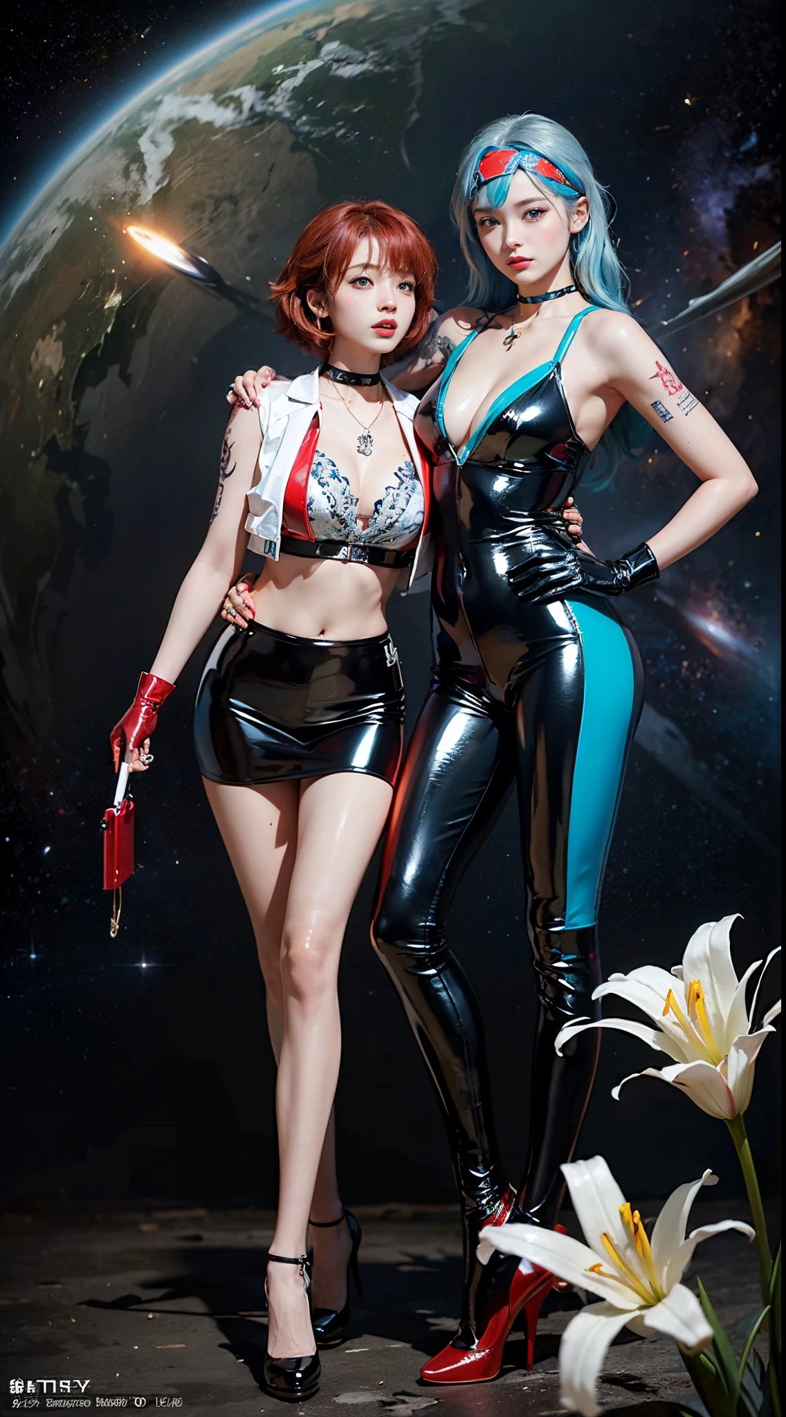 ((masterpiece:1.4)、(top-quality:1.4)、(reallistic:1.7))、masuter piece:1.4、Beautiful Girl Dirty Pair、(Beautiful Girl Space Investigator Dirty Pair:1.4)、Kei and Yuri space investigator duo、two investigators, Kei and Yuri stand side by side...、(hold a gun:1.2)、Body Fit Sexy Investigator Duo Uniform、(Glossy luxury latex:1.4)、(White Sleeveless Uniform Jacket)、(Underwear Red Sexy Super Ultra Bikini)、(Luxury Red Latex:1.4)、age19、(Cute tattoos:1.4)、(Wearing white gloves)、(Two cute girls:1.4)、Super beauty、foco nítido、Portrait photos、(Perfect female body:1.4)、perfectly proportions、Sexy couple、Full body shooting:1.4、美丽的面容、(Beautiful skins:1.4)、beautidful eyes、Narrow waist、beauty legs、(Kei has red hair and wears a bandana......:1.4)、(Lilies have blue hair:1.4)、(length hair:1.2)、Beautiful udder、large full breasts:1.2、Sexy ass、Raw photo、red-lips、Red high heels:1.4、a choker:1.4、a necklace:1.4、耳环:1.4、1 screen display、cyberpunkcity:1.2