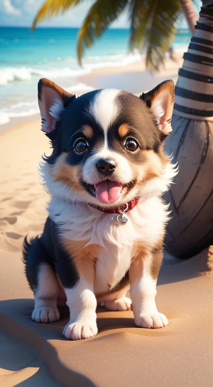 1cm perfect happy cute puppy with beach background and coconut tree