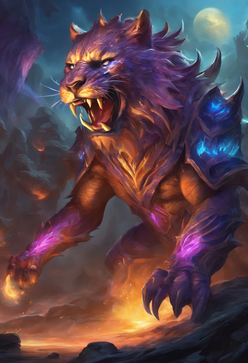 Strange monsters in a fantasy world,A group of saber-toothed tigers,long canine teeth,Strong limbs,Covered in blue flames,Covered with thick spikes,Moon Night,Purple lightning,The middle view is,wastelands,Full body like, Highly detailed and ultra-realistic visuals,oc rendered,Shot with 70mm lens - AR 16:9 --q 2 --s 1000