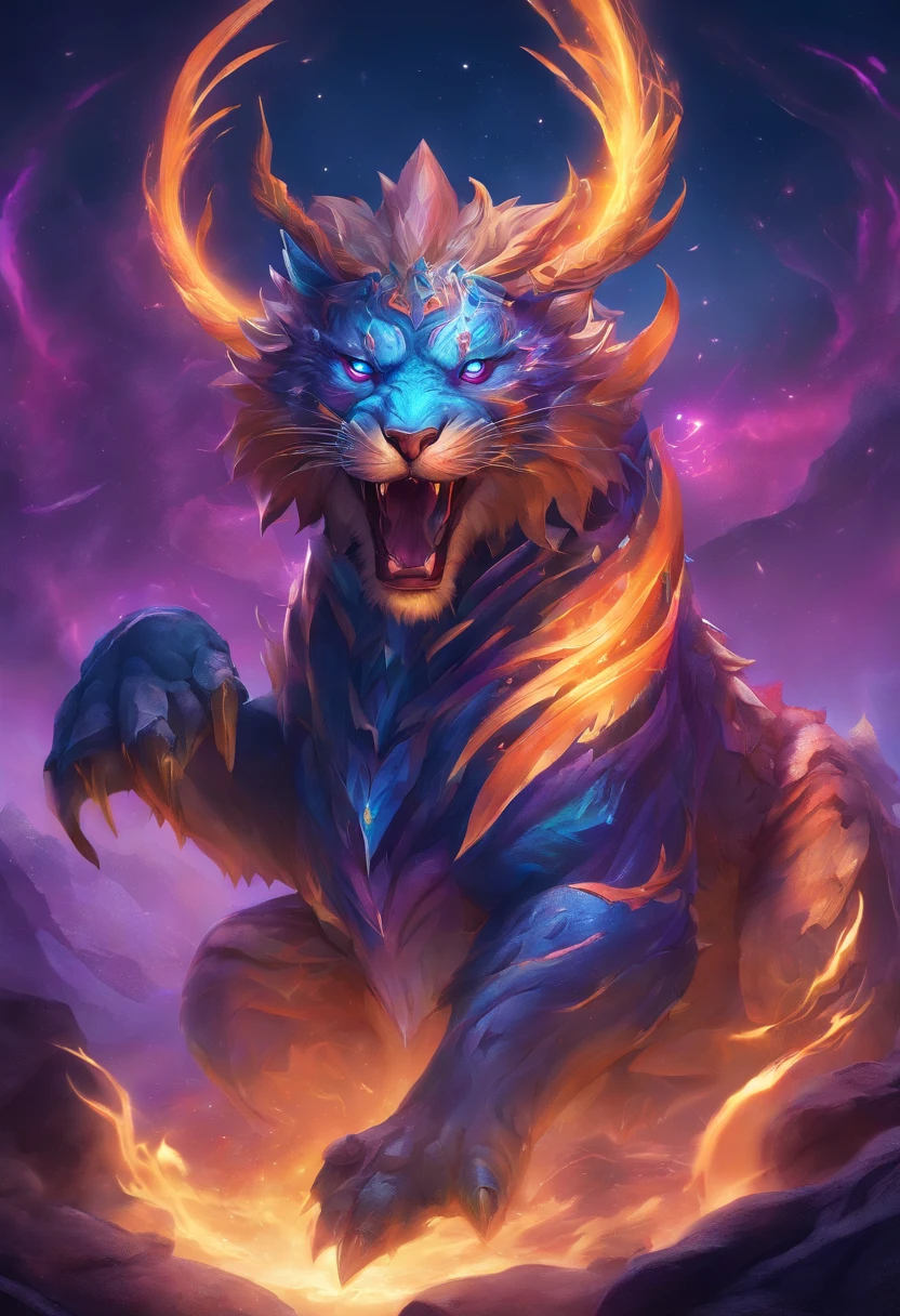 Strange monsters in a fantasy world,A group of saber-toothed tigers,long canine teeth,Strong limbs,Covered in blue flames,Covered with thick spikes,Moon Night,Purple lightning,The middle view is,wastelands,Full body like, Highly detailed and ultra-realistic visuals,oc rendered,Shot with 70mm lens - AR 16:9 --q 2 --s 1000