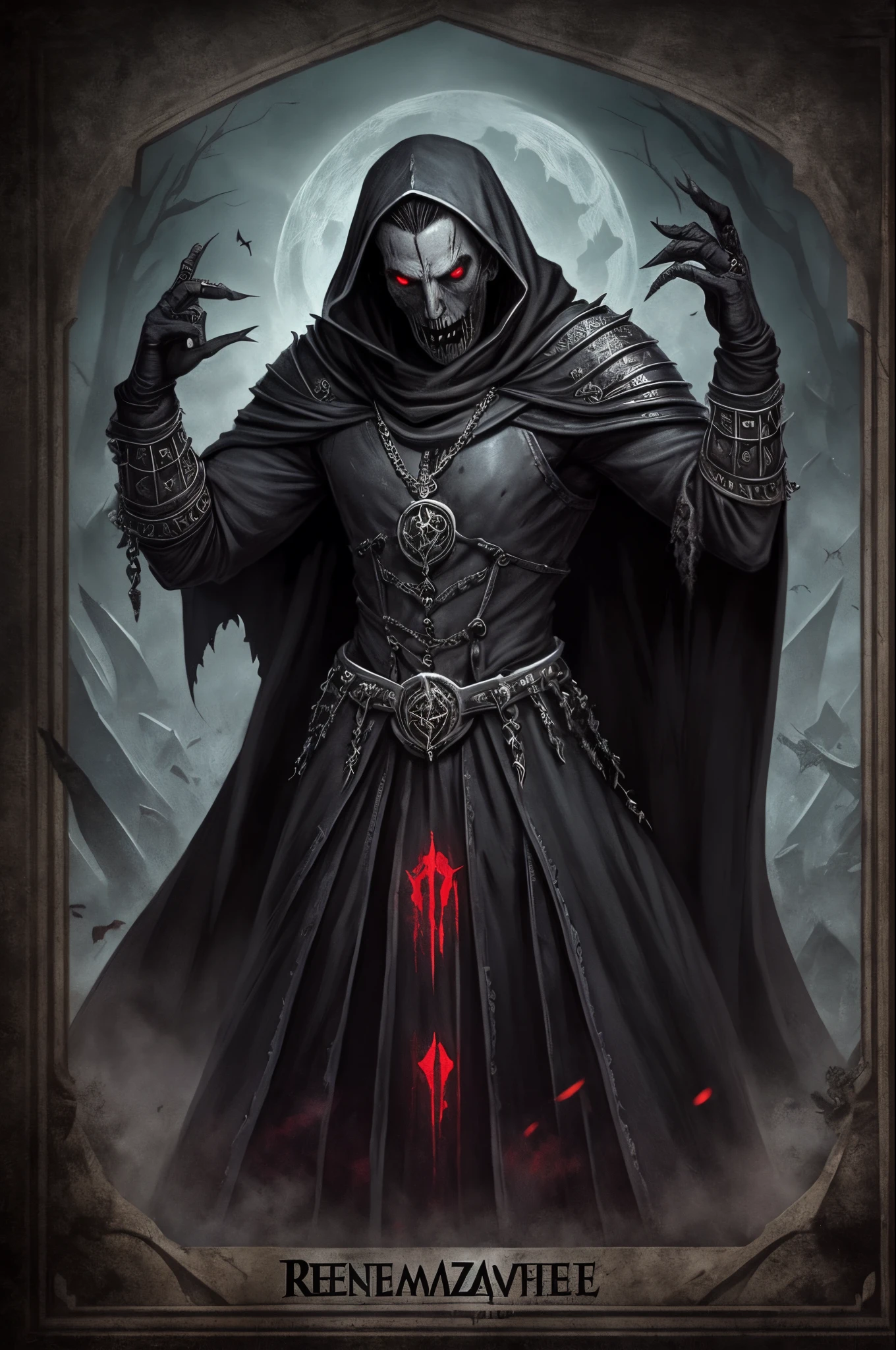 medieval black necromancer vampire, rising zombies with a freen stone on his hand --auto --s2