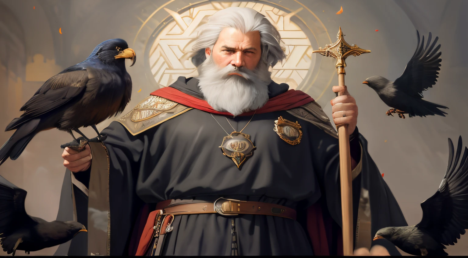 there is a man with a beard and a long beard holding a staff and two birds, Wojtek FUS, Tuomas Korpi e Wlop, picture of a male cleric, inspirado em Johannes Helgeson, Velho Archmage masculino, Retrato pintado de Odin acidentado, Directed by: Tadeusz Pruszkówski, Directed by: Mikhail Evstafiev