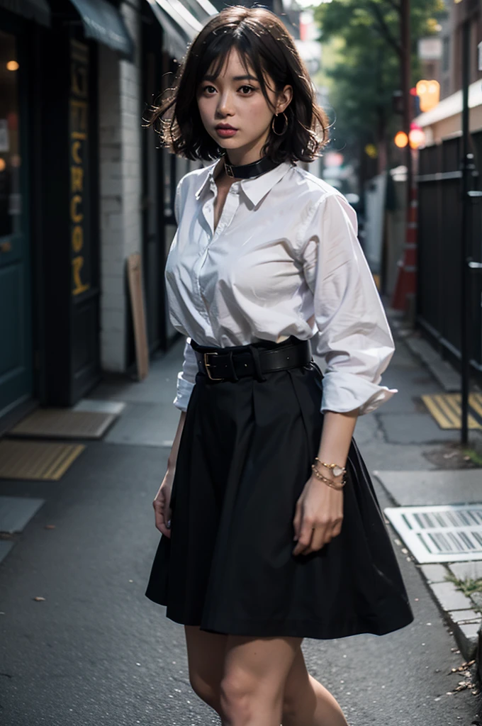 ((best quality, masterpiece:1.4)), one woman, 32 years old, expressionless, medium shot, standing in the backstage area, dimly lit alley, short hair, wavy hair, bangs, curly hair, wearing (black collar fit shirt), (A-line knee-length long skirt), heels, belt, watch, bracelet, elegant, mysterious, high detail, depth of field, cinematic lighting, motion blur, Fujicolor, 4K, highres, high quality, high details