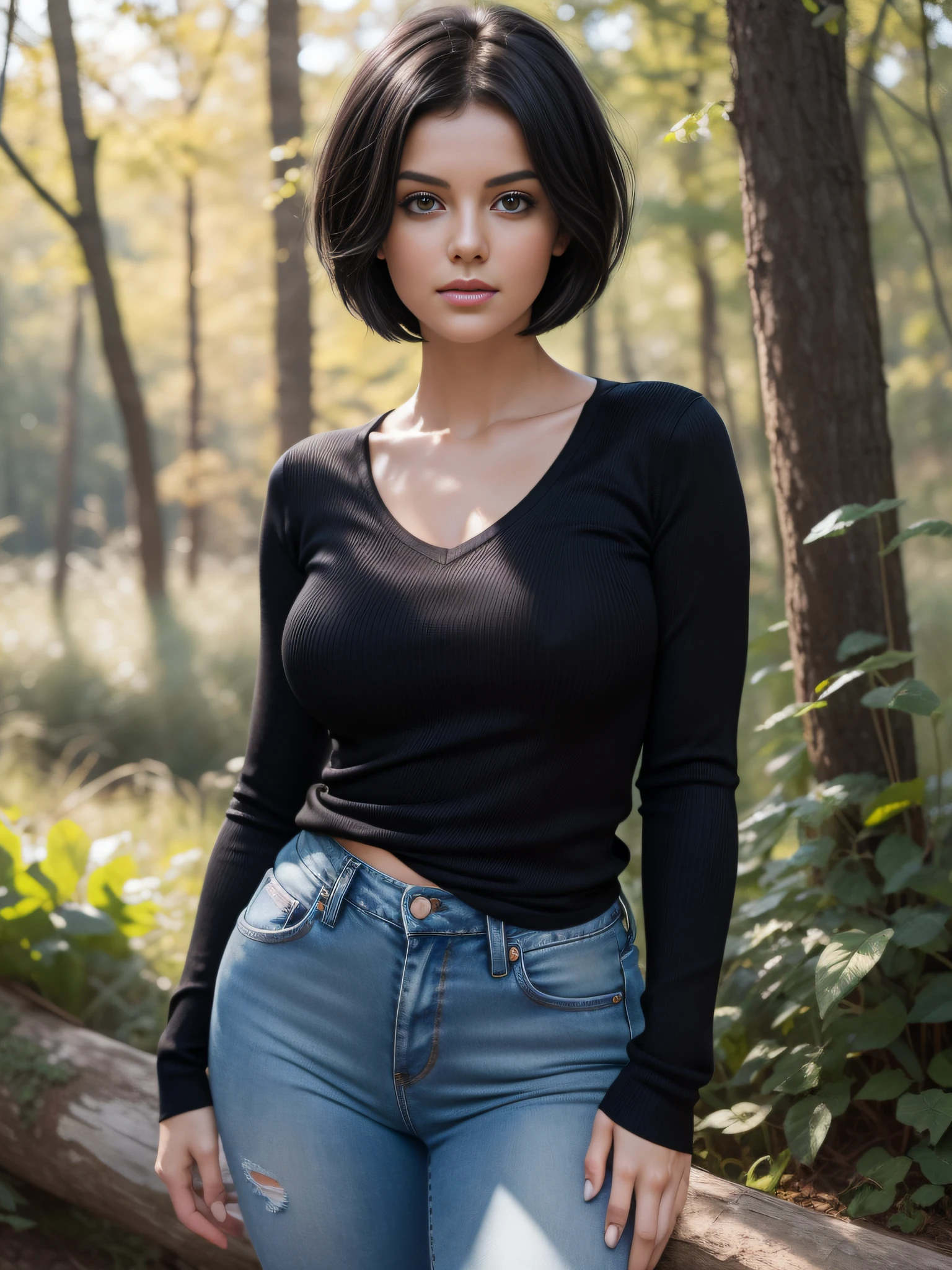 ultra realist, Gros plan d'une femme en pull moulant noir et pantalon moulant noir posant pour une photo, Cheveux courts et noirs comme des cheveux, Anastasia Ovchinnikova, cheveux noirs courts, coupe courte et cheveux de lutin noirs, Cheveux courts, Olga Buzova, cheveux noirs courts, Alina Ivanchenko, short and dark haircut, Coupe pixie, Coupe de cheveux pixie, Julia Gorokhova, cheveux noirs courts, Masterpiece, (T-shirt with tight V-neck and low jeans), (seins moyens), (corps parfait), (cheveux noirs courts), dehors, (texture de la peau:1.1), Best quality, ultra highres, Photo brute, Nikon D850, backlight, rimlight, sun light, grain du film:1.2,