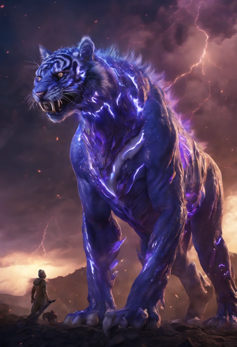 Strange monsters in a fantasy world，A group of saber-toothed tigers，long canine teeth，Strong limbs，Covered in blue flames，Covered with thick spikes，Moon Night，Purple lightning，The middle view is，wastelands，Full body like， Highly detailed and ultra-realistic visuals，oc rendered，Shot with 70mm lens - AR 16:9 --q 2 --s 1000