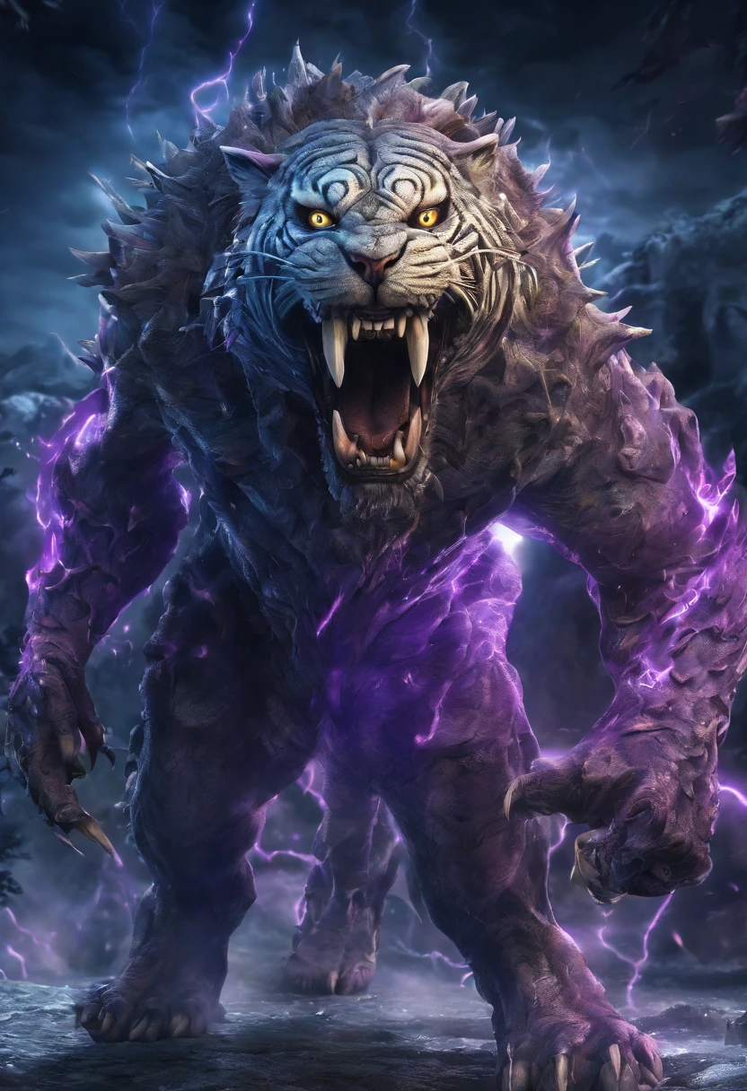 Strange monsters in a fantasy world,A group of saber-toothed tigers,long canine teeth,Strong limbs,Covered in blue flames,Covered with thick spikes,Moon Night,Purple lightning,The middle view is,wastelands,Full body like, Highly detailed and ultra-realistic visuals,oc rendered,Shot with 70mm lens - AR 16:9 --q 2 --s 1000
