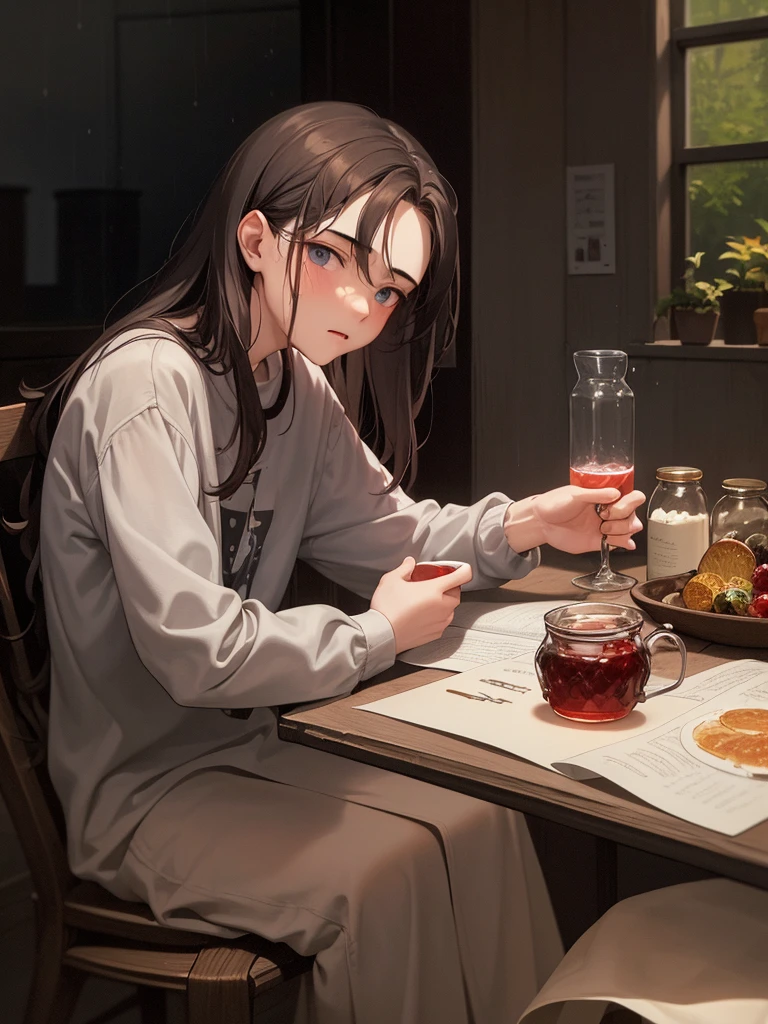 (Best Quality, Masterpiece:1.2), random guy, 20years old, a perfect face, sad face, sicko, sits on a chair, holding cup of tea, a table, table in front of him, jar of jam on the table, (pills on the table:1.1), rain outside the window, the inscription recovering