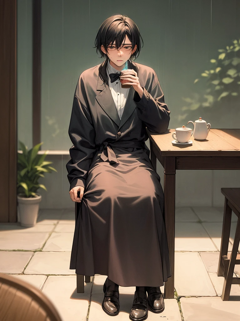 (Best Quality, Masterpiece:1.2), random guy, 20years old, a perfect face, sad face, sicko, sits on a chair, holding cup of tea, a table, table in front of him, jar of jam on the table, (pills on the table:1.1), rain outside the window, the inscription recovering