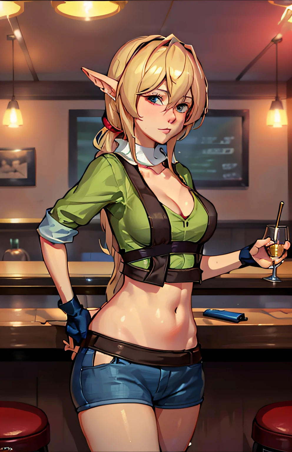 Tess, working in a bar, cinematic, artwork