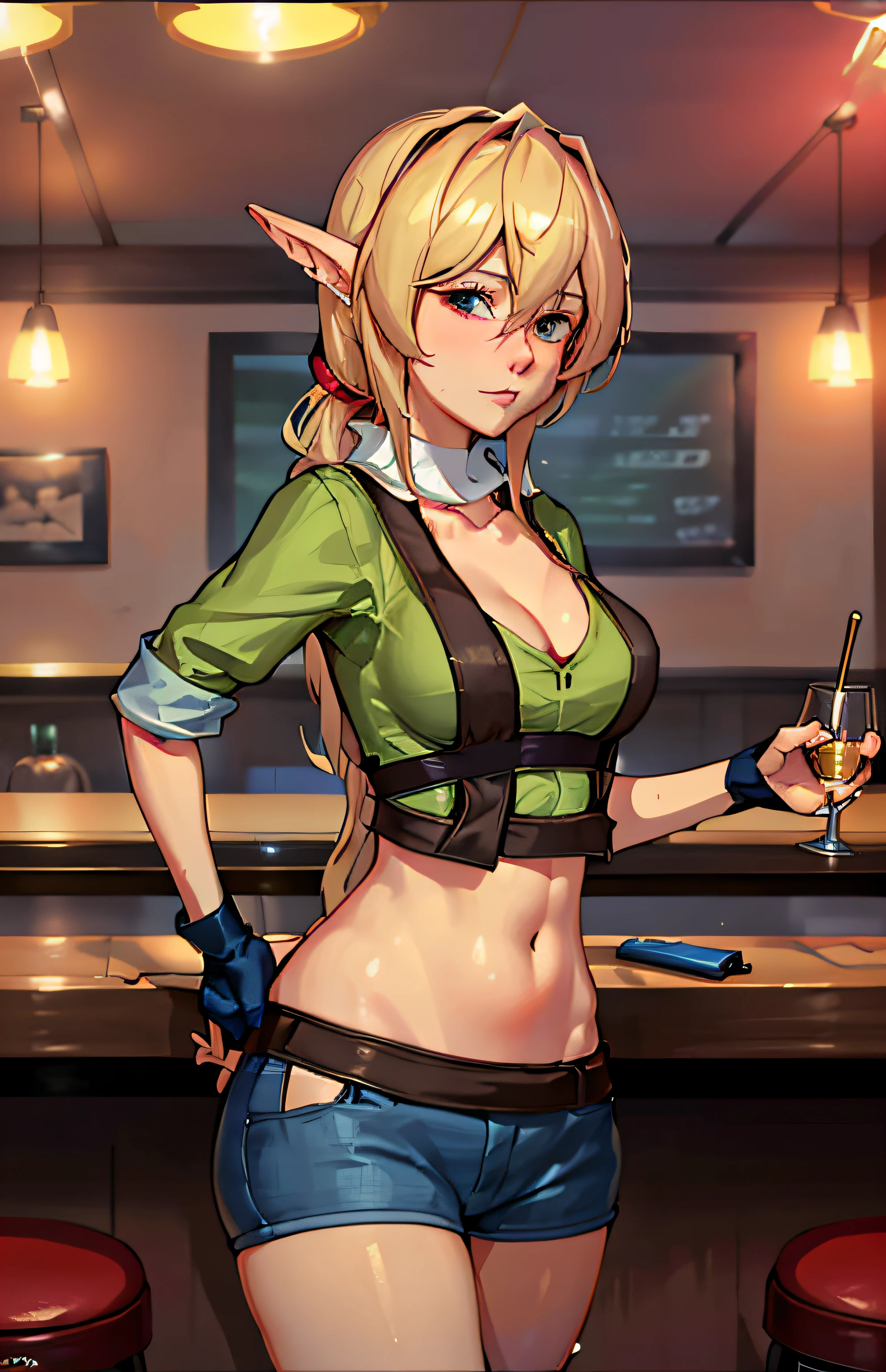 Tess, working in a bar, cinematic, artwork