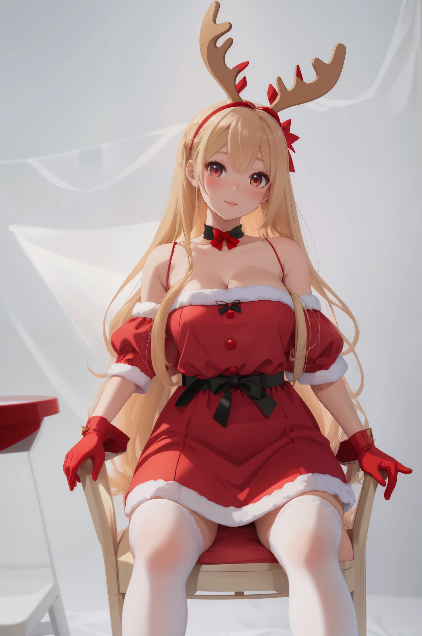 blond haired doll sitting on a chair wearing a red dress and reindeer antlers, christmas, skydoll noa, santa, joy, ball jointed doll, barbie doll in panties and bra, girl, ultrarealistic sweet bunny girl, anime barbie in white stockings, doll, high resolution details, with long blond hair, on a mannequin. high quality, 165 cm tall