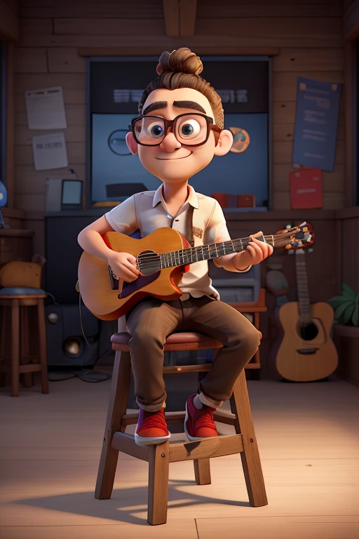 Man with a bun sitting on a bar stool playing guitar with carpe diem sticker in the recording studio, steve zheng, guitar solo, Shaw Peter, plays the guitar, Inspired by Diao Deqian, andrew thomas huang, Gather ye rosebuds while ye may,wears glasses,The carpe diem sticker on the meatball head guitar