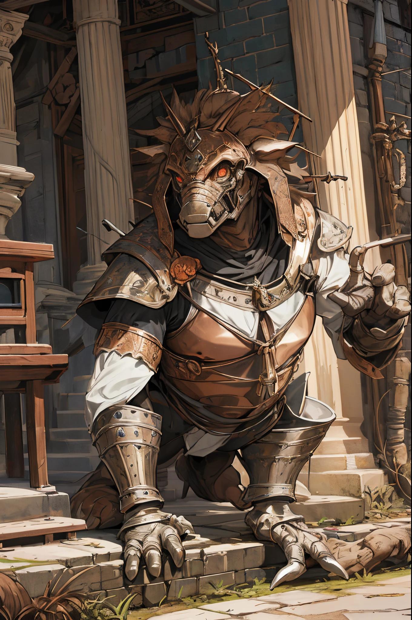 Made of metal, creature made of copper, from improvised means, Medieval times, construct, made from leftover metal, It looks strange, looks a bit like a humonoid, Strange Creature, d&D