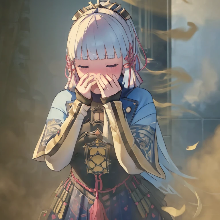 (masterpiece:1.2、top-quality)、(the Extremely Detailed CG Unity 8K Wallpapers、ultra-detailliert、Best Shadows)、(细致背景)、(The best lighting、extremely delicate and beautiful)、depth of fields, yellow smoke covering her face, covering nose using bare hand, upward looking gaze、closed her eyes,(((syncope))),((shed tears)),((((Girl is surprised when she smells the bad smell of farts)))),((((please cover your face with your hands。'There'no smell)))