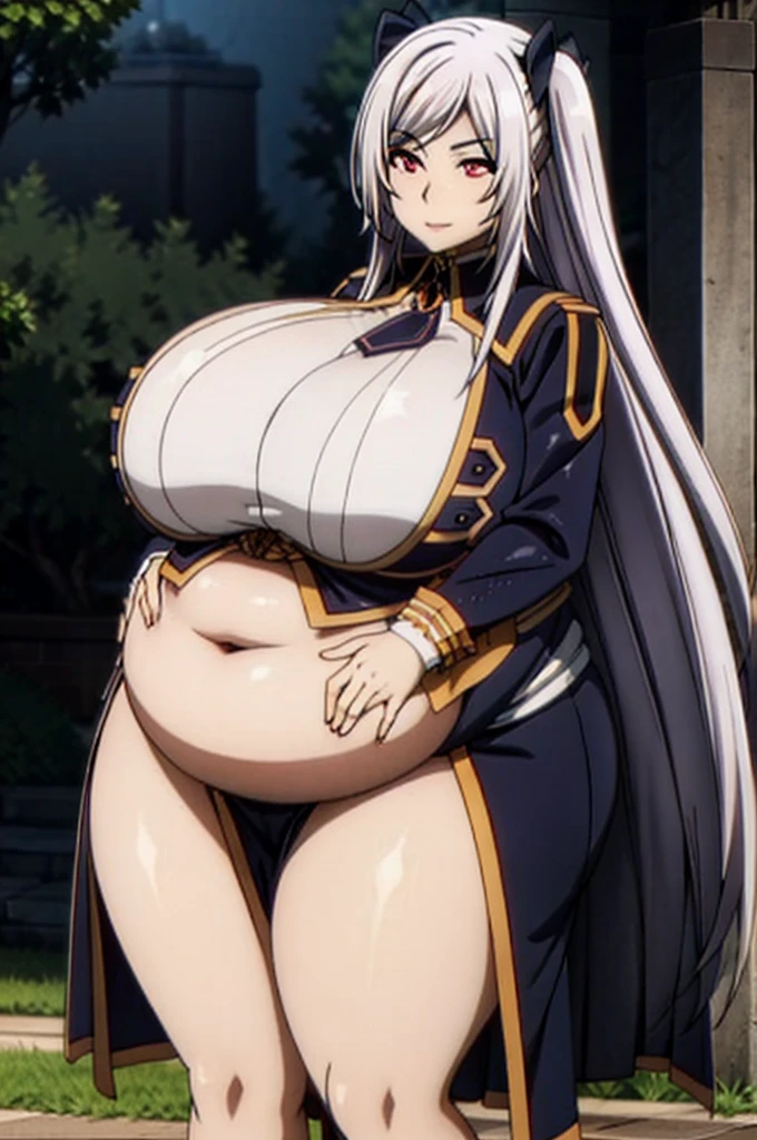 1 garota, middle boobs, Muscular legs, Muscle belly, barefoot, standing on her feet, de biquini, Alexia Midgar de The Eminence In Shadow, On the beach at night with starry sky and full moon, foto de corpo inteiro, white hair, long hair, eye reflection, glowing eyes, sparkling eyes, bloodshot eyes, evil smile, anime, Minimalism, anime style, cinematic lighting, sparkle, jpeg artifacts, glowing light, god rays, ray tracing, reflection light, image fill, chart, chart, panorama, UHD, masterpiece, retina, ccurate, anatomically correct, textured skin, super detail, highres, 16k, best quality, huge breasts. huge hips. bbw,((massive tits)), she has a jiggly fat round belly, ssbbw, ((natural big body)), (((massive fat thick natural belly))),