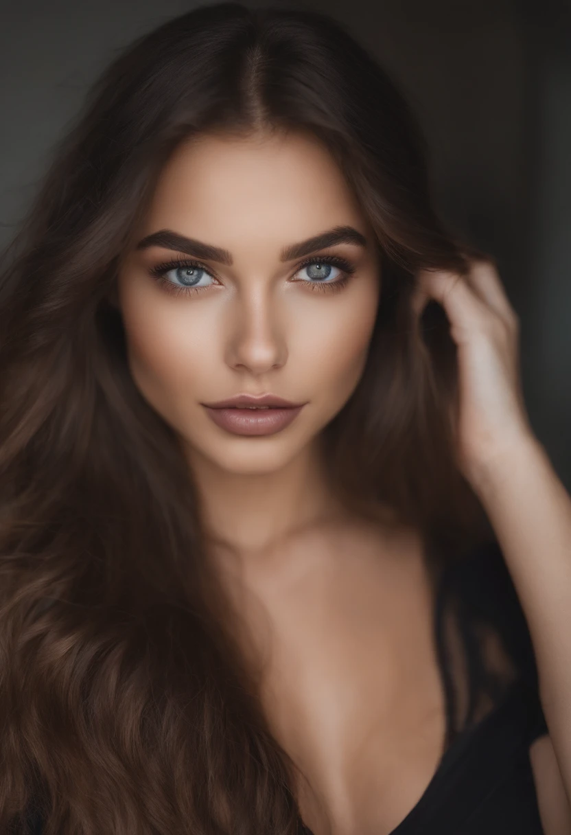 Arafed woman completely , fille sexy aux yeux bruns, ultra realist, Meticulously detailed, Portrait Sophie Mudd, cheveux bruns et grands yeux, selfie of a young woman, Yeux de chambre, Violet Myers, sans maquillage, maquillage naturel, looking straight at camera, Visage avec Artgram, Maquillage subtil, Great photo of the whole body kneeling on the bed, dans la chambre, Medium to large nude bust