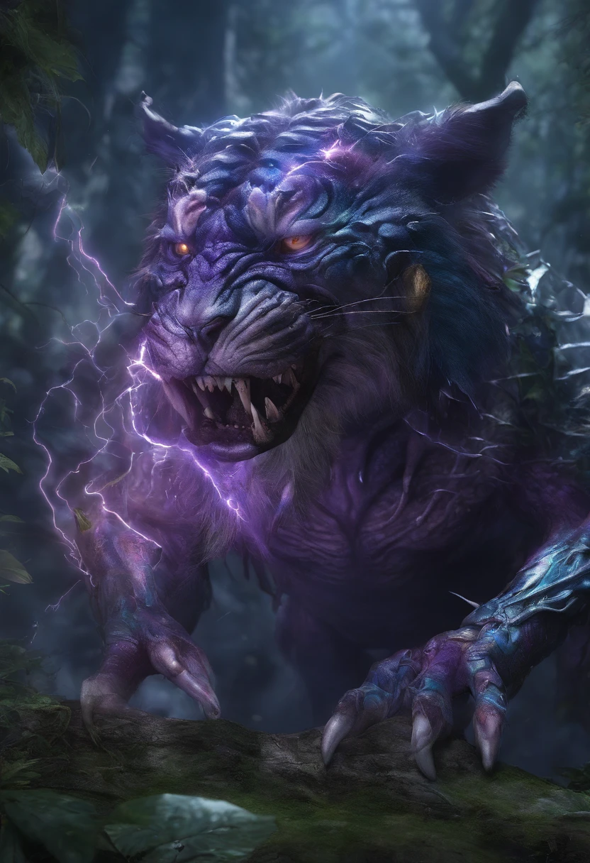 Strange monsters in a fantasy world，A group of saber-toothed tigers，long canine teeth，Strong limbs，Covered in blue flames，Covered with thick spikes，Moon Night，Purple lightning，The middle view is，wastelands，Full body like， Highly detailed and ultra-realistic visuals，oc rendered，Shot with 70mm lens - AR 16:9 --q 2 --s 1000