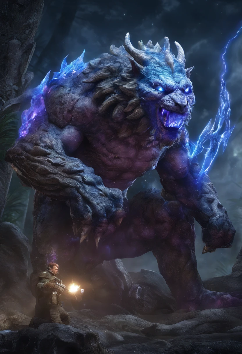 Strange monsters in a fantasy world,A group of saber-toothed tigers,long canine teeth,Strong limbs,Covered in blue flames,Covered with thick spikes,Moon Night,Purple lightning,The middle view is,wastelands,Full body like, Highly detailed and ultra-realistic visuals,oc rendered,Shot with 70mm lens - AR 16:9 --q 2 --s 1000
