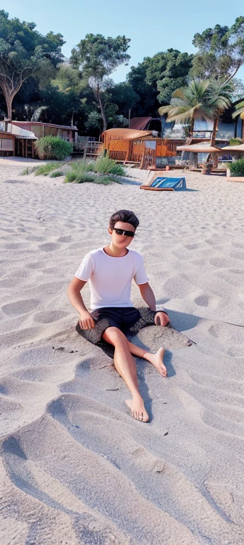 Man sitting in sand , beach bacground