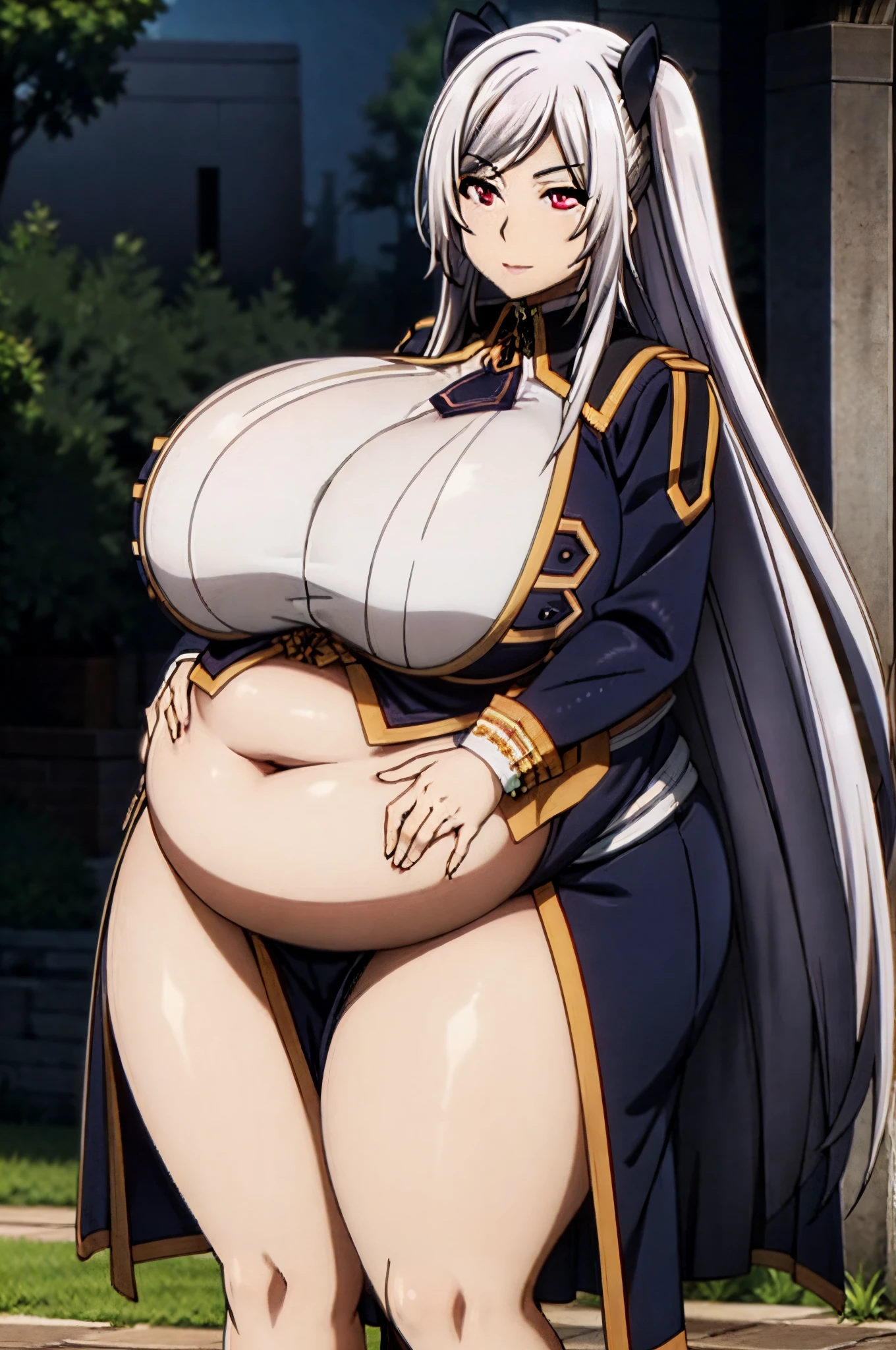 1 garota, middle boobs, Muscular legs, Muscle belly, barefoot, standing on her feet, de biquini, Alexia Midgar de The Eminence In Shadow, On the beach at night with starry sky and full moon, foto de corpo inteiro, white hair, long hair, eye reflection, glowing eyes, sparkling eyes, bloodshot eyes, evil smile, anime, Minimalism, anime style, cinematic lighting, sparkle, jpeg artifacts, glowing light, god rays, ray tracing, reflection light, image fill, chart, chart, panorama, UHD, masterpiece, retina, ccurate, anatomically correct, textured skin, super detail, highres, 16k, best quality, huge breasts. huge hips. bbw,((massive tits)), she has a jiggly fat round belly, ssbbw, ((natural big body)), (((massive fat thick natural belly))),