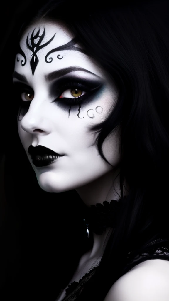 arafed woman with black and white makeup and a choke, gothic face, gothic girl face, goth woman, portrait of a dark goddess, cute face. dark fantasy, beautiful necromancer girl, goddess of death, beautiful necromancer, gothic art style, white facepaint, gothic maiden, with haunted eyes and dark hair, portrait of a dark witch