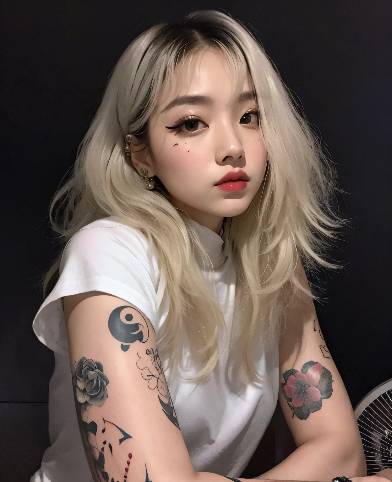 hay una mujer con un tatuaje en el brazo sentada en una mesa, Peinado blanco de corte hime, Jinyoung Shin, de chica taiwanesa con tatuajes, cruel korean goth girl, con tatuajes, Parque Roseanne de Blackpink, Jaeyeon Nam, Xision Wu, con el pelo largo, Heonhwa Choe, 🤤 girl portrait, Taejune Kim, Su cabello es blanco, Chica coreana