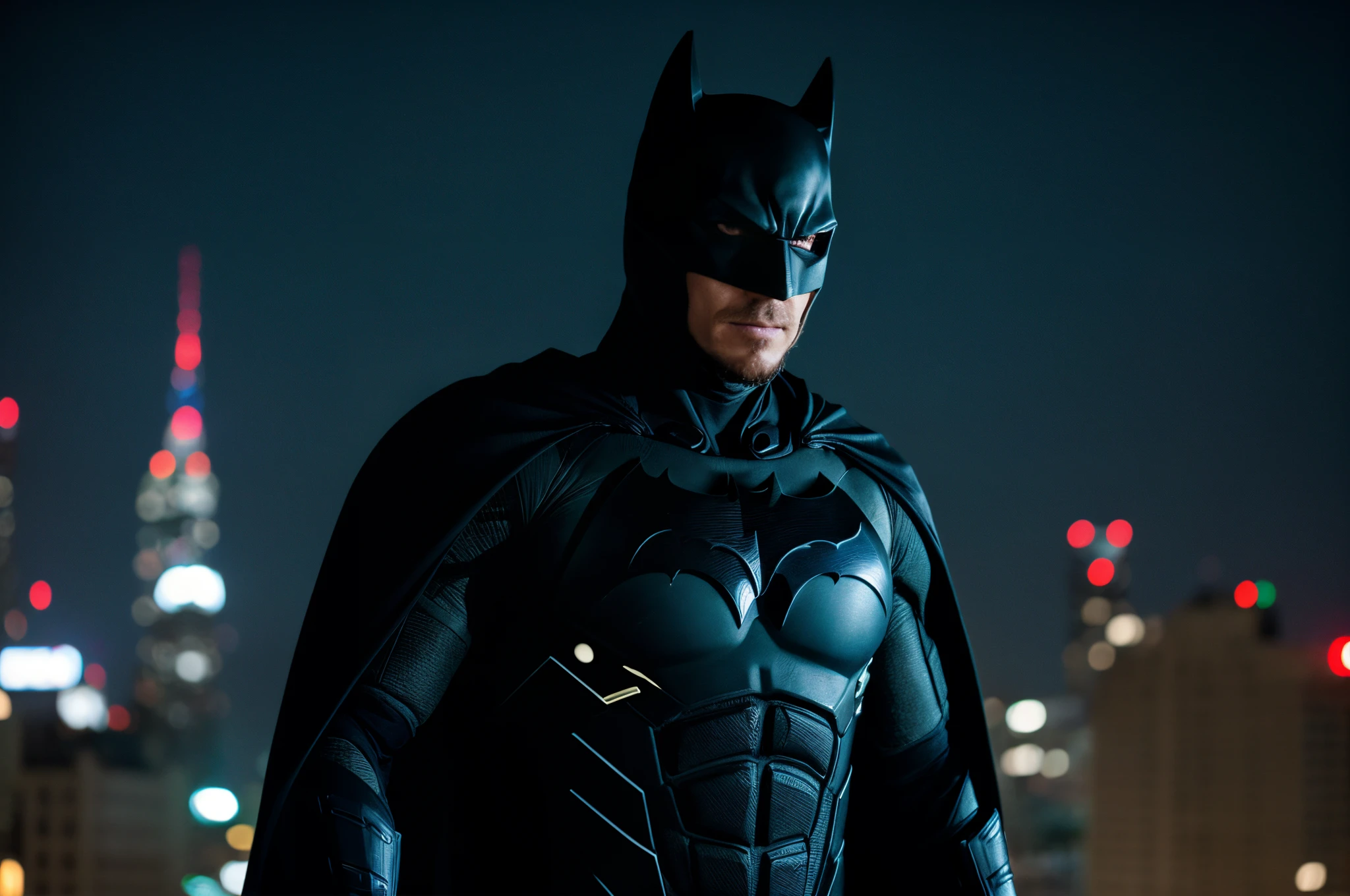 Christian Bale acted batman, (Night:1.7), in the rain ,Japan, Tokyo, CityView,building,city skyline at night,futuristic city, Standing at attention, batman costume, helmet,armor,cape, batman,strong, 1 Man, looking at viewer, in the center of the image,(Upper_body),(close-Up),(Focus on her face), official art,extremely detailed CG unity 8k wallpaper, perfect lighting,Colorful, Bright_Front_face_Lighting, (masterpiece:1.0),(best_quality:1.0), ultra high res,4K,ultra-detailed, photography, 8K, HDR, highres, absurdres:1.2, Kodak portra 400, film grain, blurry background, bokeh:1.2, lens flare, (vibrant_color:1.2)