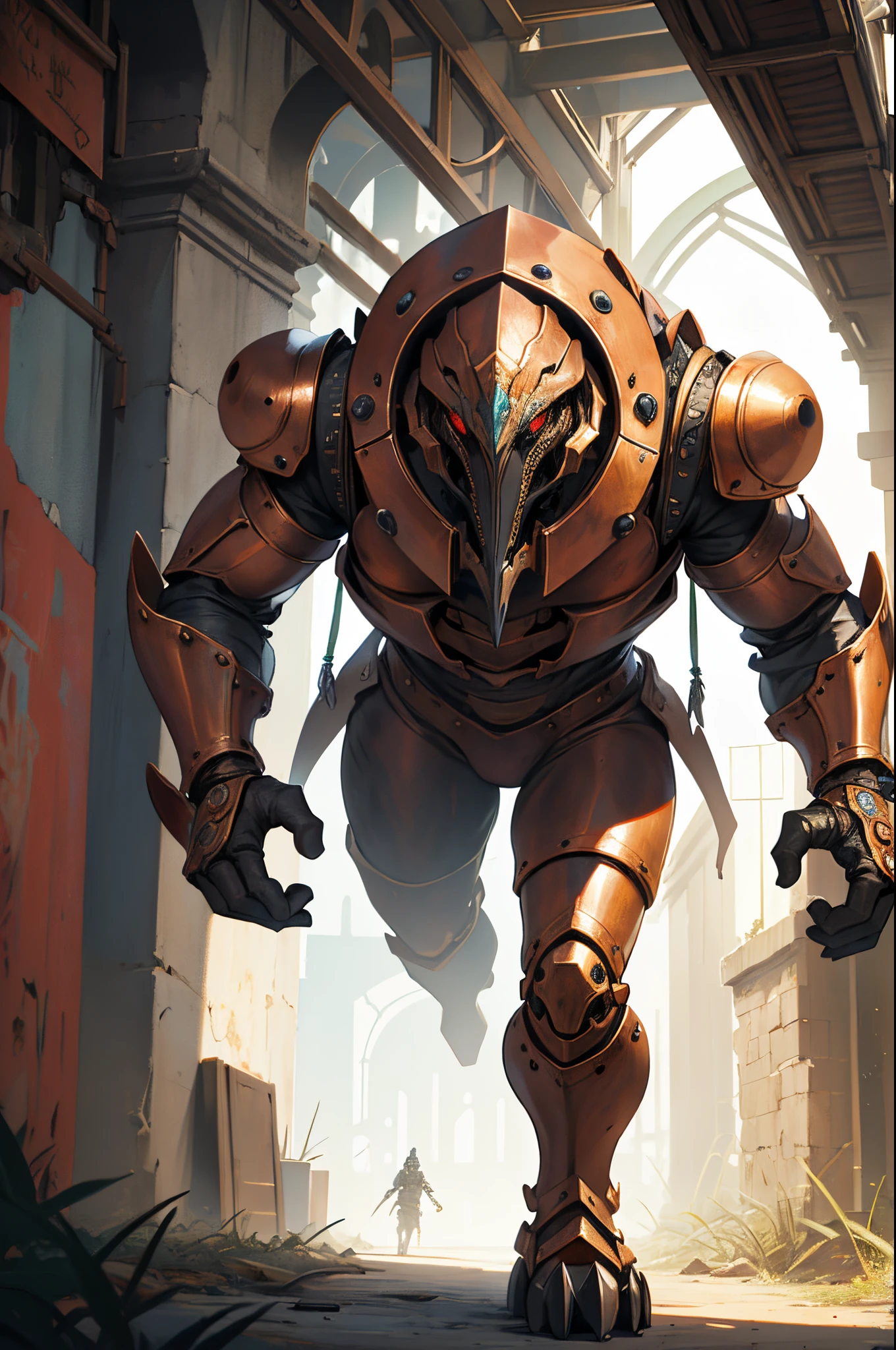 Made of metal, creature made of copper, from improvised means, Medieval times, construct, made from leftover metal, It looks strange, looks a bit like a humonoid, Strange Creature, d&D, human-like