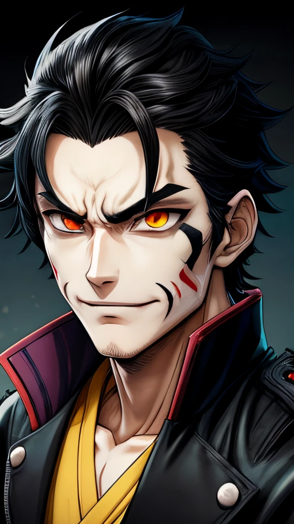 (Best Quality, 4k, 8K, hight resolution, Masterpiece:1.2), Ultra-detailed, Anime character with black hair, yellow eyes and white mask, handsome guy in demon slayer art, Otaku Gangasta, key anime art, ryuko matoi, Anime-style trigger, official arts, handsome japanese demon boy, The Joker is similar to Naruto, inspired by Okumura Masanobu, smirk, Gurren Lagan
