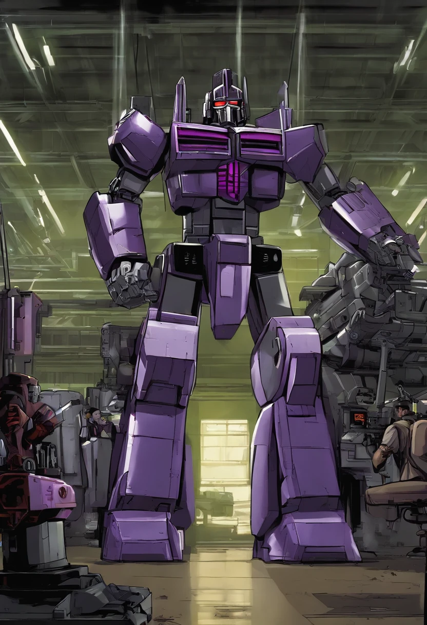 The image is of Megatron overseeing the manufacturing of new weapons in a Decepticon weapon factory.,Transformers: Generation 1,megatron, male