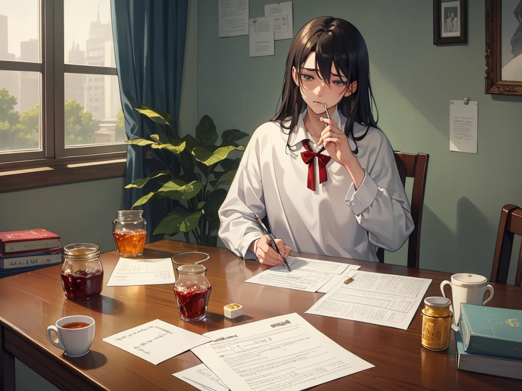 (Best Quality, Masterpiece:1.2), random guy, 20years old, a perfect face, sad face, sicko, sits on a chair, holding cup of tea, a table, table in front of him, jar of jam on the table, (pills on the table:1.1), rain outside the window, (sheet of paper on the table, lettering "get well" on a piece of paper:1.2)