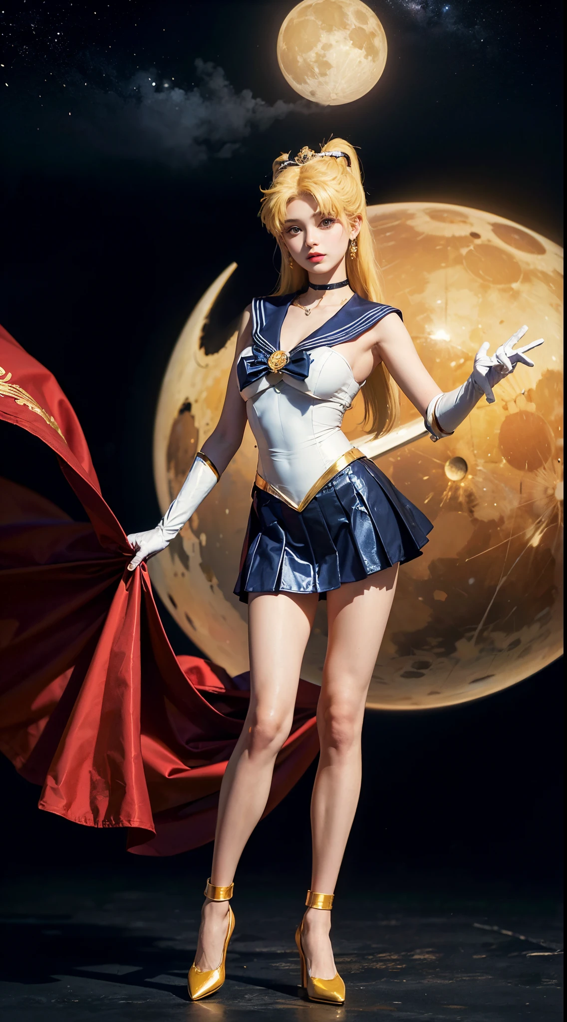 ((​masterpiece:1.4)、(top-quality:1.4)、(reallistic:1.7))、masuter piece:1.4、a beauty girl、(Sailor Moon:1.4)、Tsukino Usagi、Body Fit Sexy Sailor Senshi Uniform、(latex shiny)、(The jacket is a white sleeveless sailor suit)、(Skirt is blue sexy ultra ultra mini skirt)、The collar of the sailor suit is blue with two thin lines.、high leg swimsuit、Red cloth ornament at chest、(Wearing white gloves)、Kawaii Girl、Super beauty、foco nítido、Portrait photos、Upper body photography:1.4、beautiful countenance、beautidful eyes、Narrow waist、beauty legs、(yellow  hair:1.4)、(length hair:1.2)、Beautiful udder、large full breasts:1.2、Sexy ass、Raw photo、red-lips、Red high heels:1.4、a choker:1.4、a necklace:1.4、耳Nipple Ring:1.4、Luxurious Golden Tiara:1.4、1 screen display、a moon、kosmos、spaceships、A space station、City of the Future