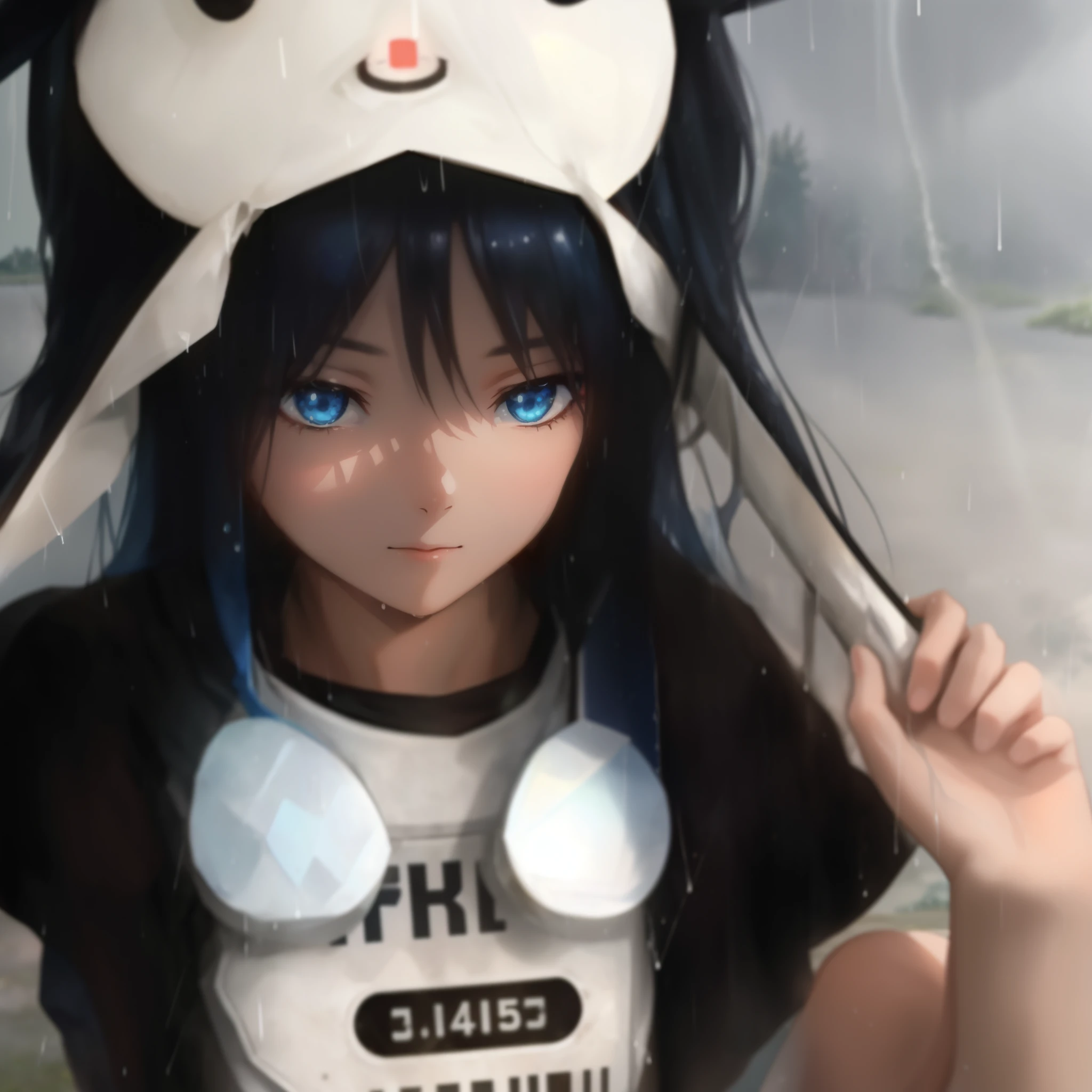 ((A far view)) of a black-haired anime teen girl, (sitting in the (river)), ((strong sunlight)), cinematic light, slim body, skin is perfectly healthy, soft, and smooth, Extremely delicate and beautiful CG illustration, best quality, high resolution, dynamic angle, full-length lens, (1 girl), floating, soft light, high-key lighting), glowing light, blue halo, blue crystal, ((very cinematic)), ((half naked)), (raining: 1.2), barefoot